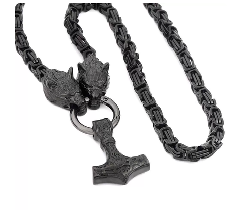 💗New Nordic-style wolf head black square buckle chain Thor's hammer men's necklace💗