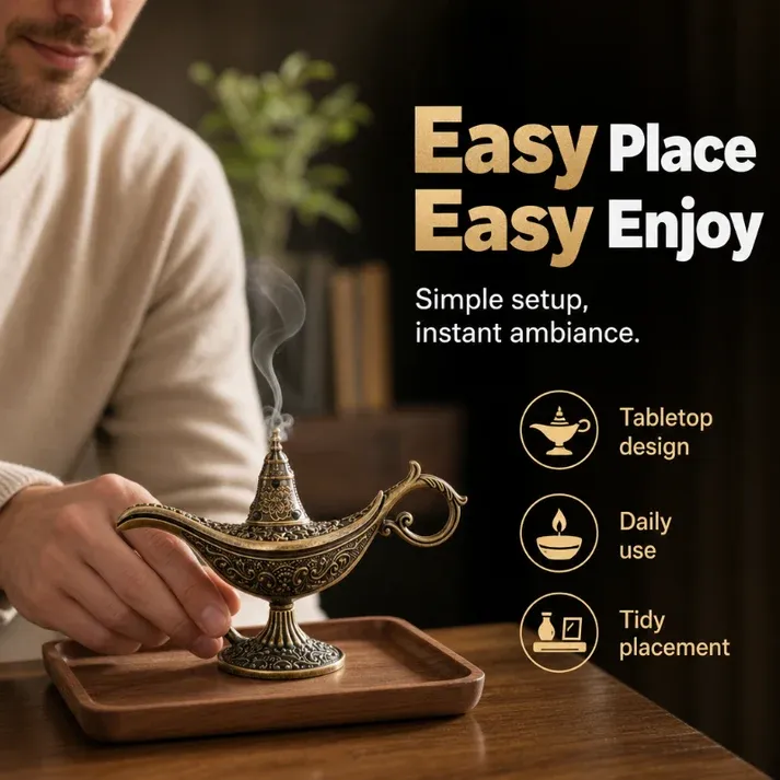 Retro incense burner in the shape of Aladdin's magic lamp - elegant, decorative, calming