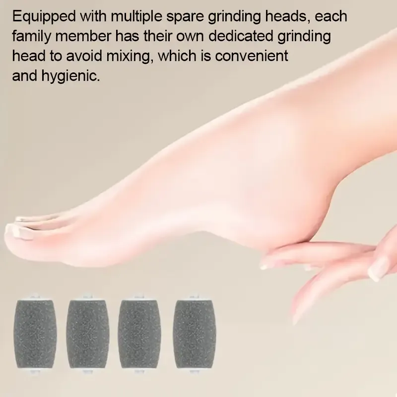 1 rechargeable electric foot file with 3 replacement grinding heads. The thickened polishing head is suitable for deep exfoliation. Portable and easy to use, USB charging.