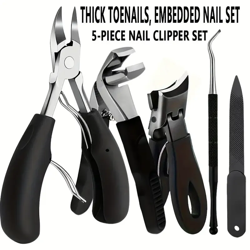 5-piece professional stainless steel nail clipper set, nail clippers, trimming tools, nail clippers, classic black handle, suitable for men, women, seniors, Father's Day gift