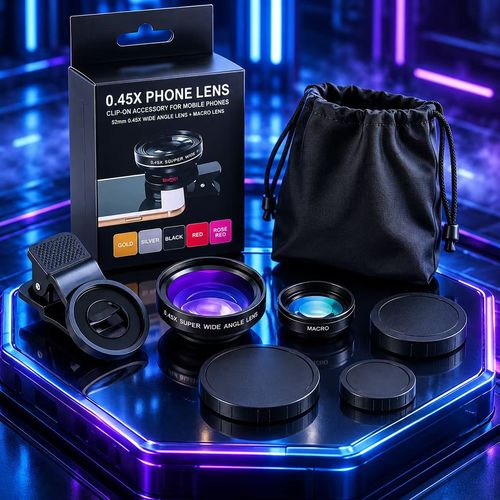 Portable Universal Phone Clip‑on Lens, 0.45X Wide Angle plus 12X Macro HD Lens, High‑Transmittance Glass for Travel Landscape and Macro Close‑up Shooting