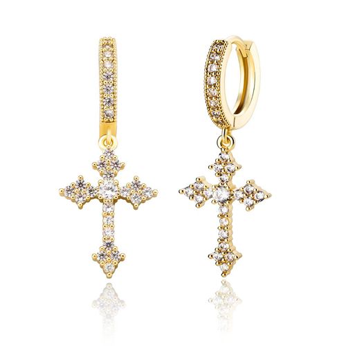 Gold CZ Dangle Religious Cross Hoop Huggie Earrings