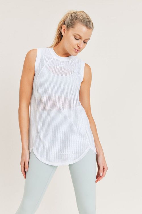 MONO B Striped Trellis Mesh Raglan Muscle Top