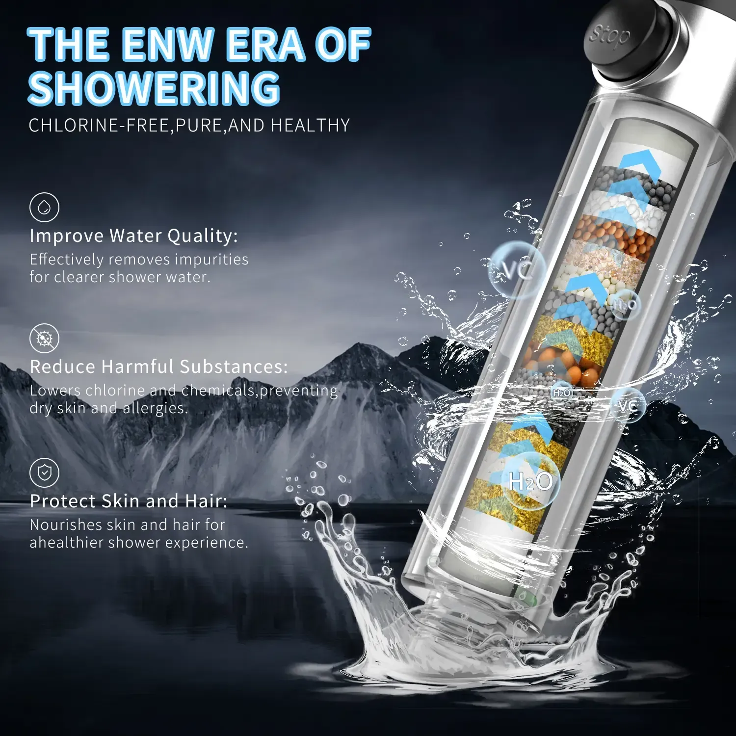 Chrome Effect Pressure Boosted Handheld Filter Shower Head, 4-Setting Massage Spray, 60s Hose, Easy Install, Low Flow, 1-Touch Water Stop, Micro-Technology Nozzles, Bathroom Fixture, Pressure Boosted Shower, Chrome Effect Showerhead Filters
