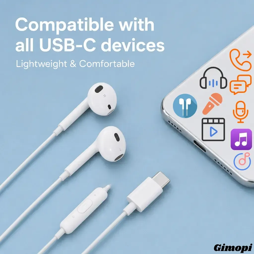USB-C Wired Semi-In-Ear Headphones, Clear HiFi Stereo Wired Earbuds with Built-in Mic - Adjustable Volume Buttons, Lightweight Portable Daily Earphones, Compatible with iPhone 15,16,17,18, Samsung Galaxy Series, Hands-Free Calling - Daily Audio Use