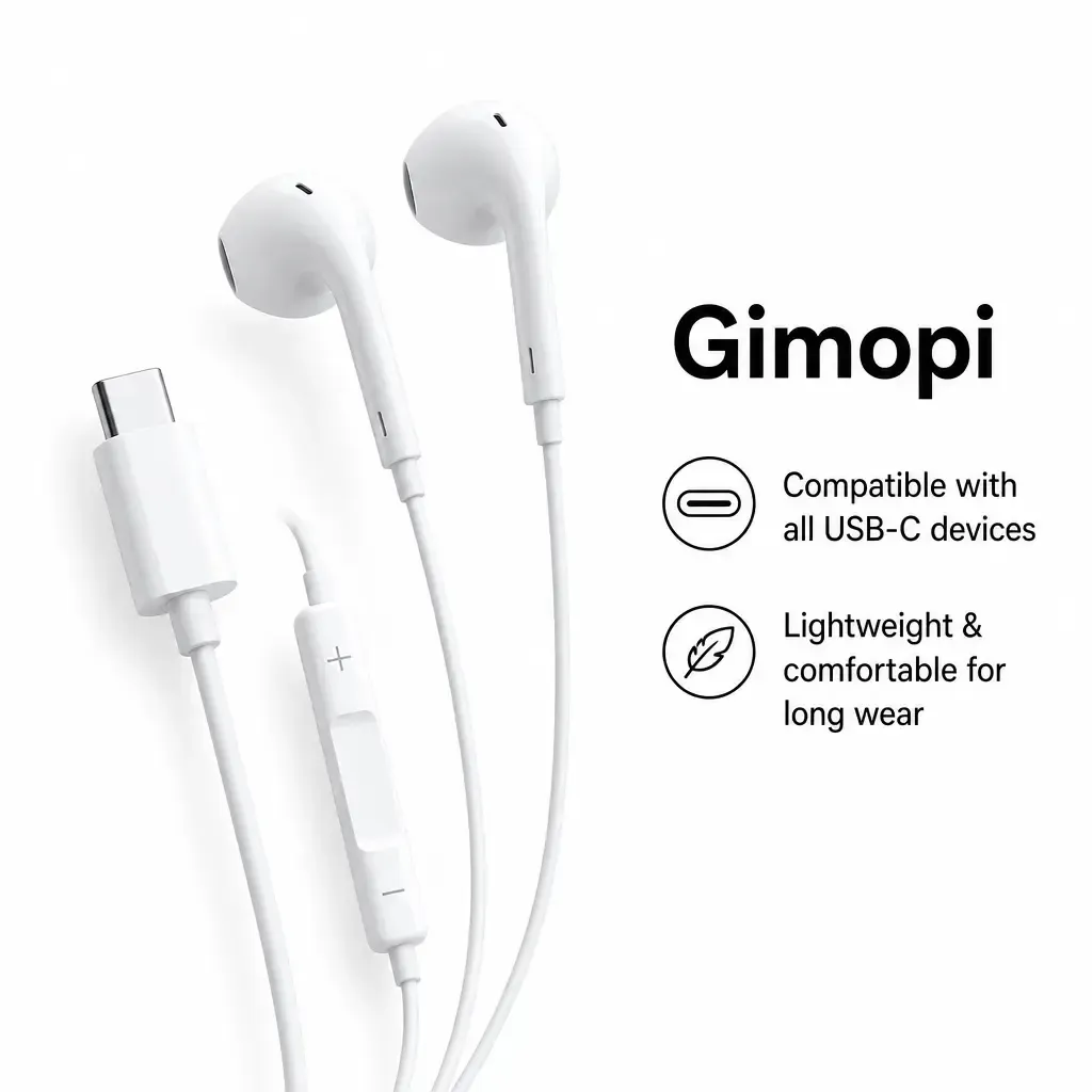 USB-C Wired Semi-In-Ear Headphones, Clear HiFi Stereo Wired Earbuds with Built-in Mic - Adjustable Volume Buttons, Lightweight Portable Daily Earphones, Compatible with iPhone 15,16,17,18, Samsung Galaxy Series, Hands-Free Calling - Daily Audio Use