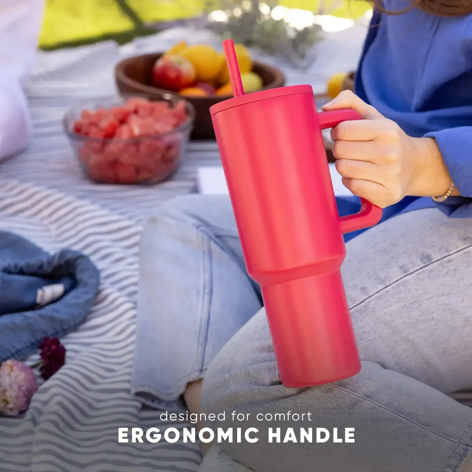 1200ml Large Capacity-Simple Modern 40oz Trek Tumbler with Handle and Straw Lid - Vacuum Insulated Stainless Steel, Reusable, Cupholder Friendly