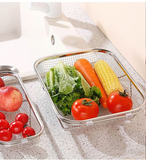 Kitchen stainless steel filter basket - 6-quart foldable filter basket, capable of filtering and storing, with extendable rubber handle - rectangular sieve, fine stainless steel filter and filter basket, suitable for kitchen