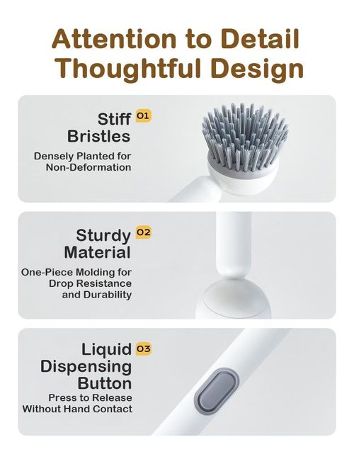 4 PCS  of six-in-one ABS dishwashing brushes, a year's worth of hygiene helper. Equipped with a leak-proof soap dispenser, adjustable angle, rotating cleaning function, wall-mounted design - comes with a cleaning pad. Soft bristles effectively remove stubborn stains, suitable for rinsing and draining cleaning of sinks and cookware.