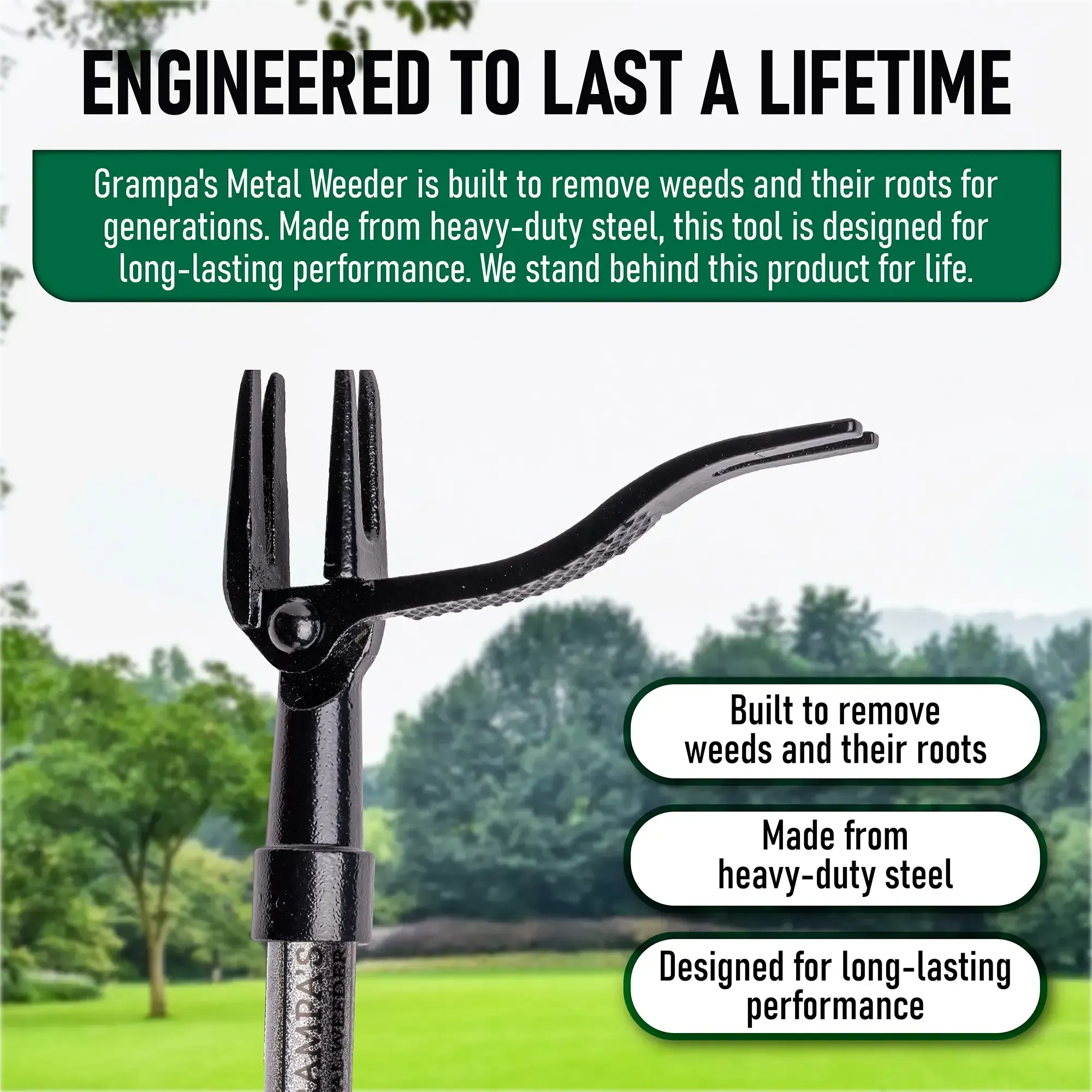 Grampa's Weeder Metal Garden Hoe - Durable Gardening Tools with All-Steel Long Handle, 4-Claw Steel Head - 3-Piece Twist-To-Assemble Design for Bendfree Weeding, Kneelfree Pulling, Grass Removal Hoes & Rakes