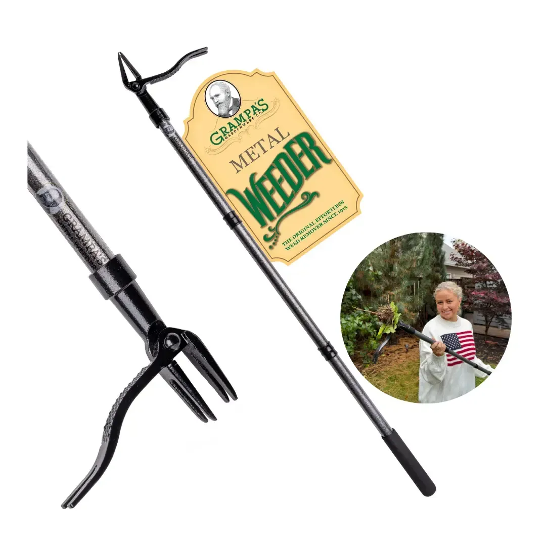 Grampa's Weeder Metal Garden Hoe - Durable Gardening Tools with All-Steel Long Handle, 4-Claw Steel Head - 3-Piece Twist-To-Assemble Design for Bendfree Weeding, Kneelfree Pulling, Grass Removal Hoes & Rakes