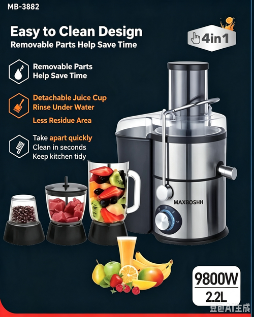 4‑In‑1 Multi‑Function Juicer Blender Set, Stainless Steel 2‑Speed Control Juice Extractor Mixer Grinder for Home Kitchen