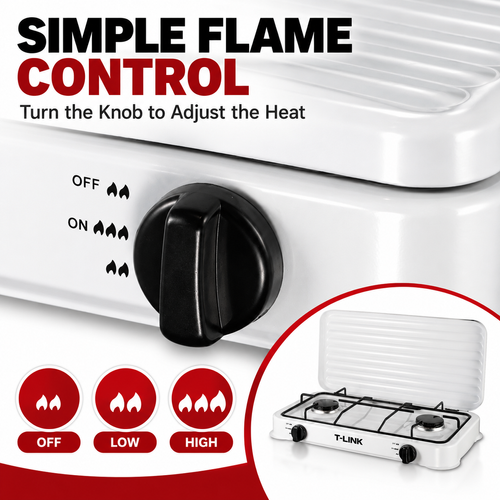 T-LINK Double Burner Gas Stove – 2-Burner Tabletop Gas Cooker with Electrophoretic Coated Pan Supports & Protective Lid