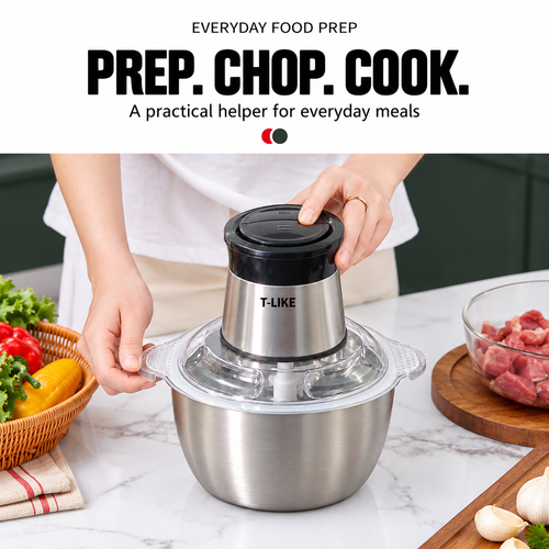 T-LIKE Electric Food Chopper – Stainless Steel Bowl Meat Grinder & Vegetable Chopper | Powerful Multi-Purpose Kitchen Food Processor