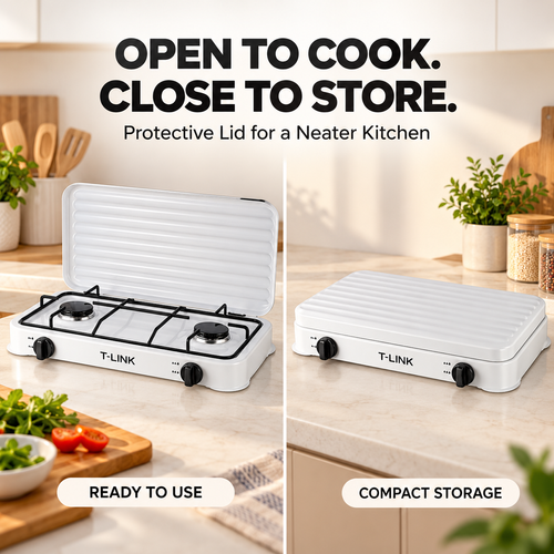 T-LINK Double Burner Gas Stove – 2-Burner Tabletop Gas Cooker with Electrophoretic Coated Pan Supports & Protective Lid