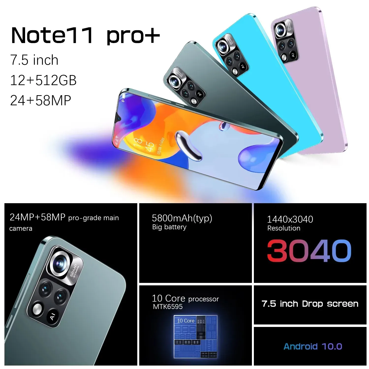 🎉🎉Authentic Official Global Version, 7.5-inch Large Screen, 5800mAh Long-Lasting Battery, 24MP Front + 58MP HD Rear Camera, Dual SIM Standby Android Smartphone