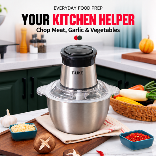 T-LIKE Electric Food Chopper – Stainless Steel Bowl Meat Grinder & Vegetable Chopper | Powerful Multi-Purpose Kitchen Food Processor