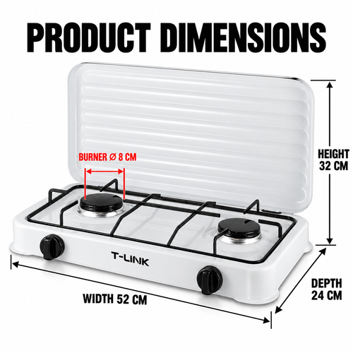 T-LINK Double Burner Gas Stove – 2-Burner Tabletop Gas Cooker with Electrophoretic Coated Pan Supports & Protective Lid
