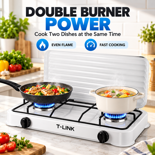 T-LINK Double Burner Gas Stove – 2-Burner Tabletop Gas Cooker with Electrophoretic Coated Pan Supports & Protective Lid