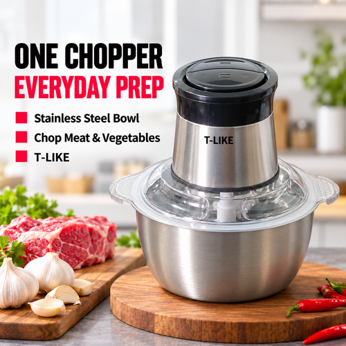 T-LIKE Electric Food Chopper – Stainless Steel Bowl Meat Grinder & Vegetable Chopper | Powerful Multi-Purpose Kitchen Food Processor