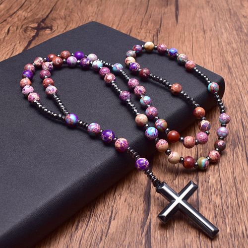 Purple Emperor Stone with Hematite Cross Pendant Necklace for Women Catholic Christ Rosary Prayer Bead Necklaces Female Jewelry