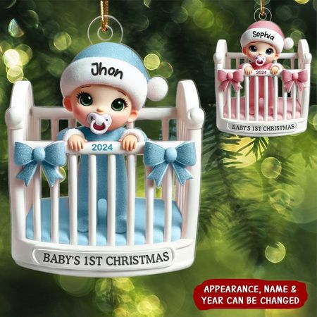 Ornement acrylique personnalisé pour le premier Noël de bébé, effet 3D, à l'intérieur du berceau