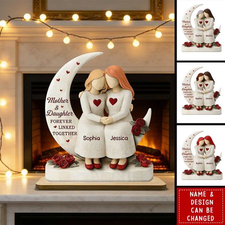 Personal isierte 2-lagige Holzplakette Mutter & Tochter für immer miteinander verbunden, umarmen Figuren mit Rosen