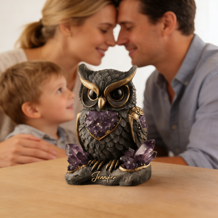 Amethyst-Rosenquarz-Rubin-Eule – Personalisierte Eule, individuell geformte Acrylplakette