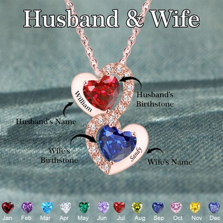 Collier personnalisé avec deux cœurs unis pour toujours et pierre de naissance