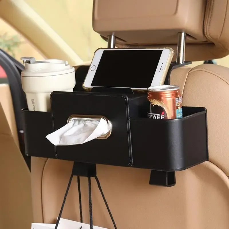 Multifunctional car seat back organizer with tissue box, two cup holders, and hooks, made of non-woven fabric.