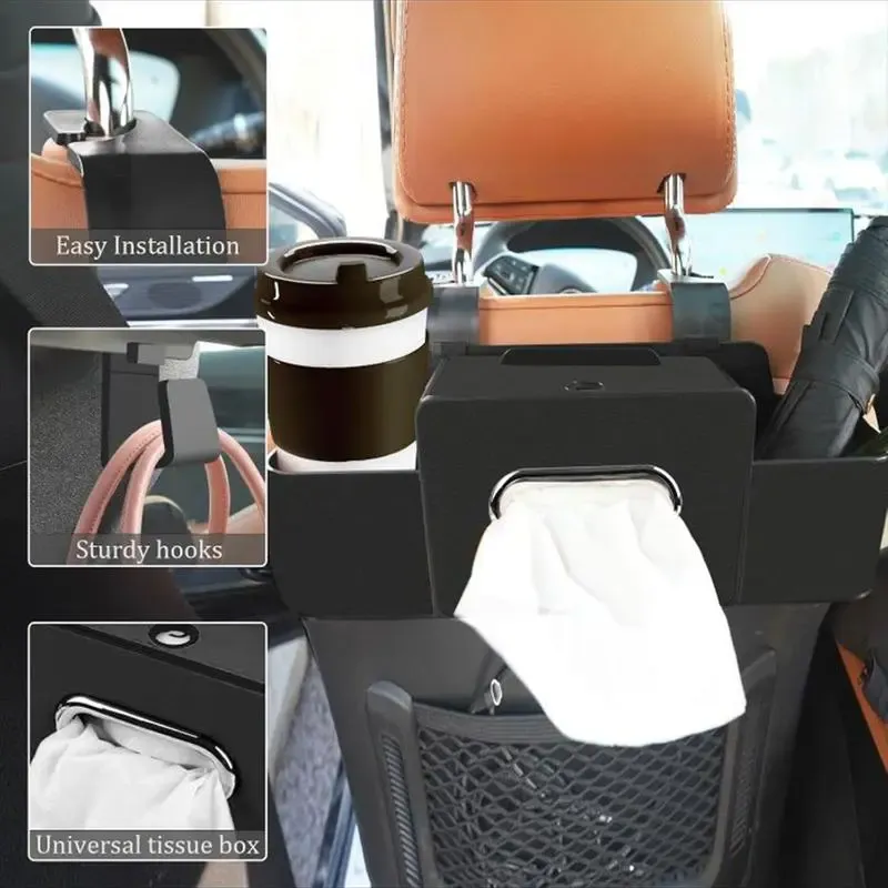 Multifunctional car seat back organizer with tissue box, two cup holders, and hooks, made of non-woven fabric.