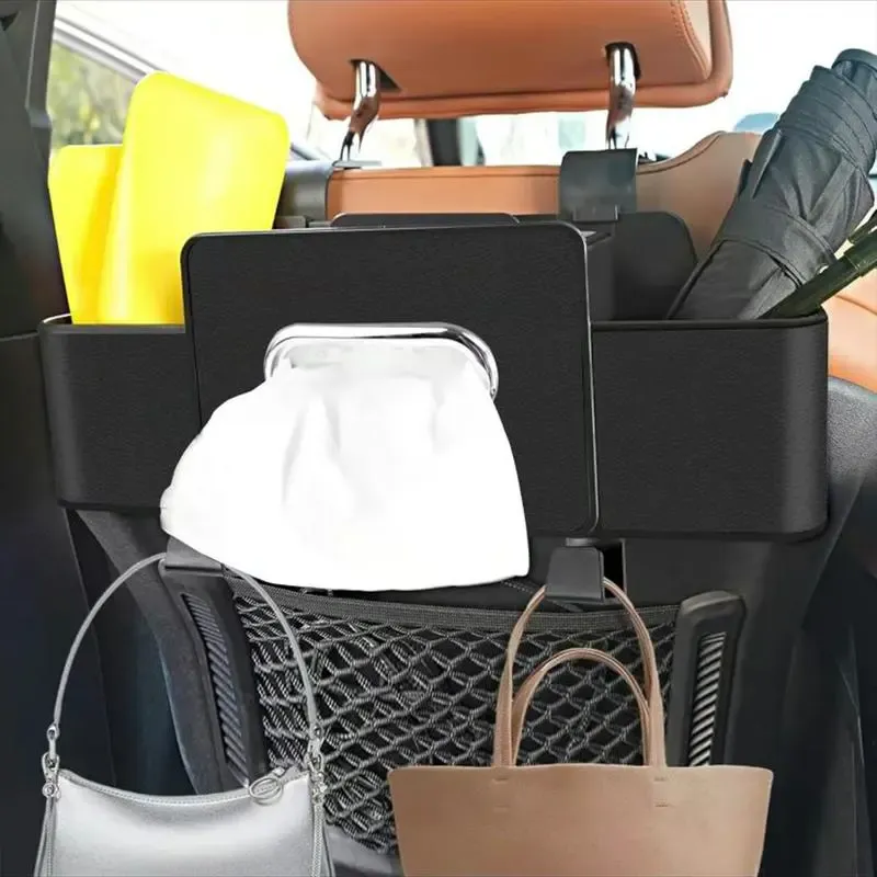 Multifunctional car seat back organizer with tissue box, two cup holders, and hooks, made of non-woven fabric.