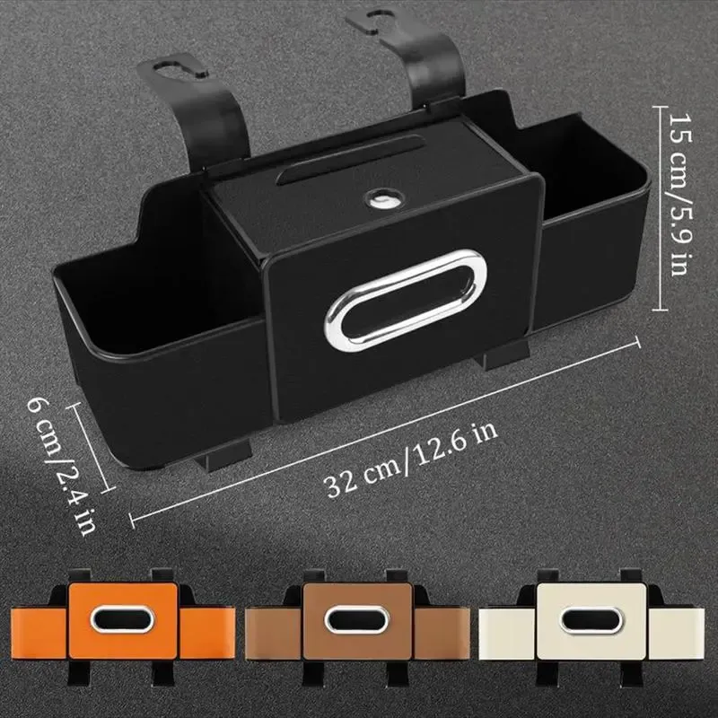 Multifunctional car seat back organizer with tissue box, two cup holders, and hooks, made of non-woven fabric.
