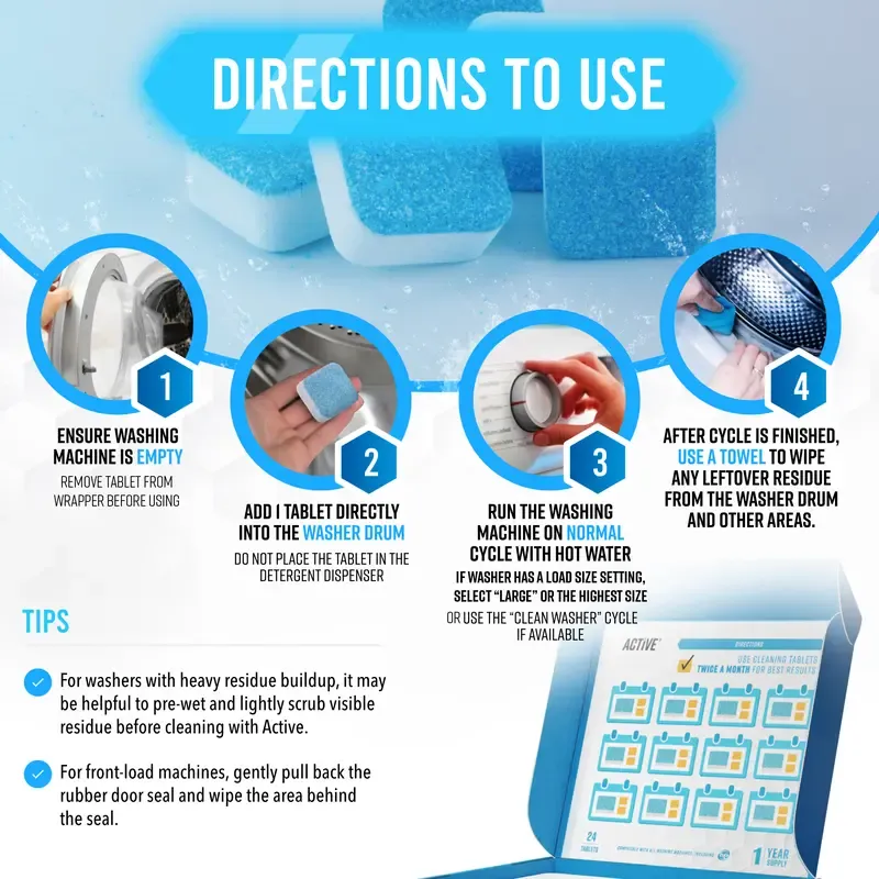 Washing Machine Cleaner and Descaler - Deep cleaning tablets for high-efficiency front-loading and top-loading washing machines, removes odors and cleans the drum and seals.