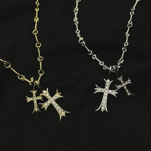 CH Fashion: Diamond-encrusted Double Cross Pendant Necklace for Women – Simple Collar-Length Necklace for Men and Couples