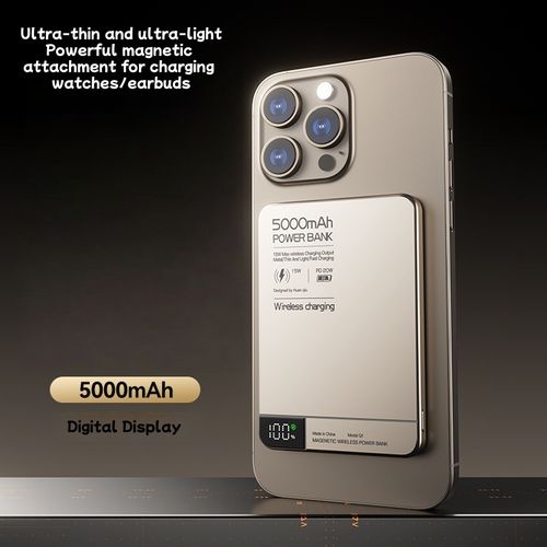 New Ultra-Thin Magnetic Wireless Charging Power Bank 5000mAh Metal Digital Display Wireless Fast Charging Portable Power Bank