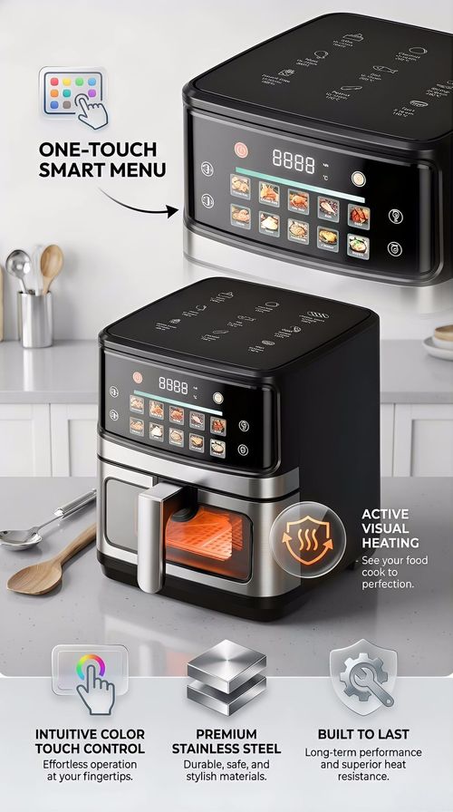 12L Large Visible Air Fryer Oven, HD Color Touch Screen, Full Stainless Steel Inner, Multi-function Oil-Free Cooker, UK Plug 220V 50Hz