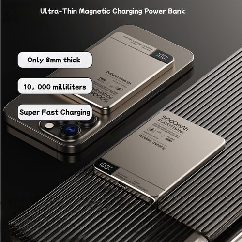 New Ultra-Thin Magnetic Wireless Charging Power Bank 5000mAh Metal Digital Display Wireless Fast Charging Portable Power Bank