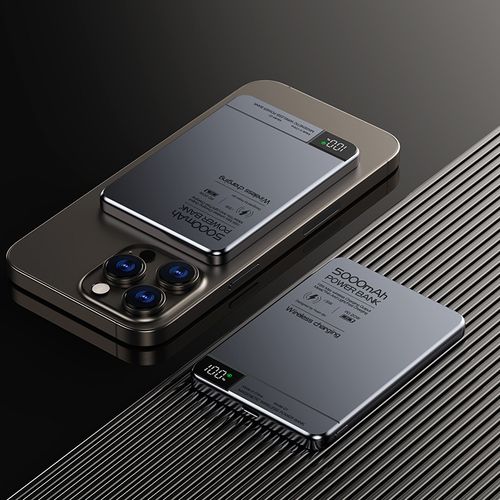 New Ultra-Thin Magnetic Wireless Charging Power Bank 5000mAh Metal Digital Display Wireless Fast Charging Portable Power Bank
