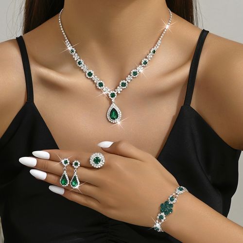 Fashionable European and American style new jewelry set, high-end crystal gemstone women's teardrop necklace, earrings, bracelet and ring set