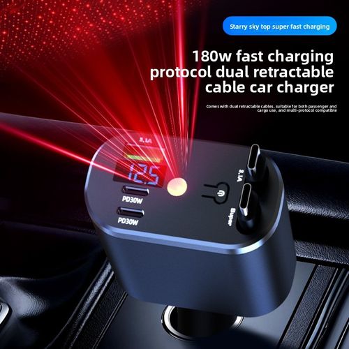 Starry Sky Car Cigarette Lighter Charger 120W Super Fast Mobile Phone Charger with 1-to-2 Retractable Cable