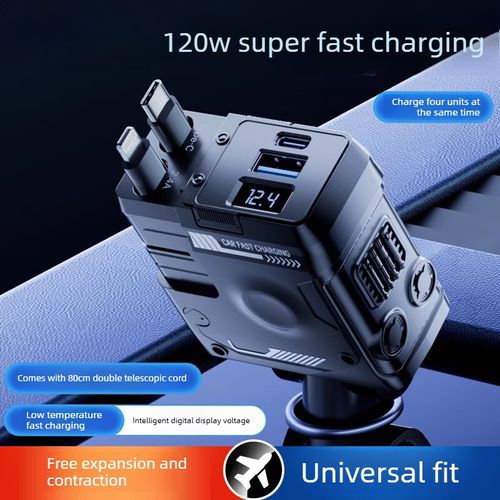Mech Retractable Car Charger, 120W Super Fast Car Charger, 1-to-3 Car Cigarette Lighter Flash Charger