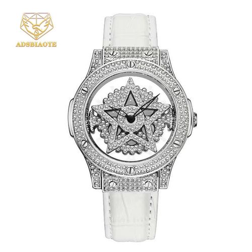 Fully diamond-encrusted luxury pentagram skeleton watch, quartz women's wristwatch, niche style, large dial with hands and numerals.