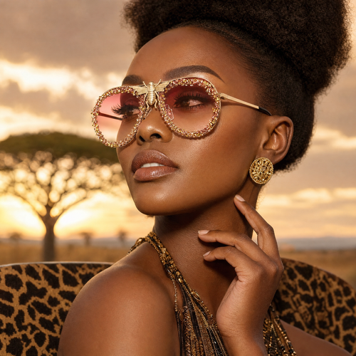 Personalized bee-themed trendy sunglasses with rhinestone embellishments, retro metal, and large frames for women.