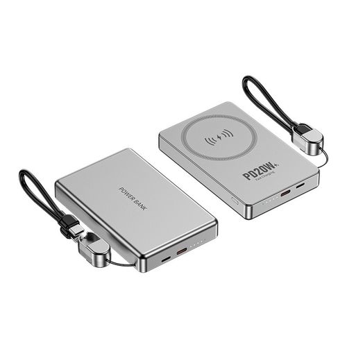 Silver magnetic power bank, compatible with Apple iPhones. Ultra-thin, fast-charging, magnetic, wireless, portable 10000mAh power bank.