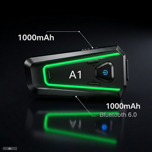 The new A1 motorcycle Bluetooth headset features stereo surround sound, waterproofing, intelligent noise cancellation, and ultra-long battery life.