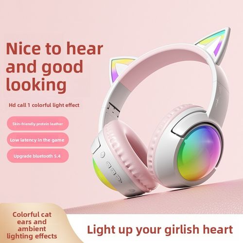 Cat-ear glowing game Bluetooth headphones, over-ear wireless live streaming earphones, stereo sound