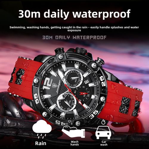 New Swiss brand men's watch with black case and red silicone strap, multi-functional waterproof silicone quartz watch.