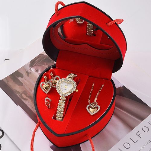 Double-dip rhinestone watch heart-shaped gift box fashion four-piece gift exquisite light luxury rhinestone thin strap bracelet quartz watch