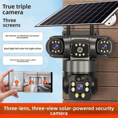 4G solar-powered true three-lens three-picture camera panoramic 360-degree high-definition night vision wireless WiFi monitoring